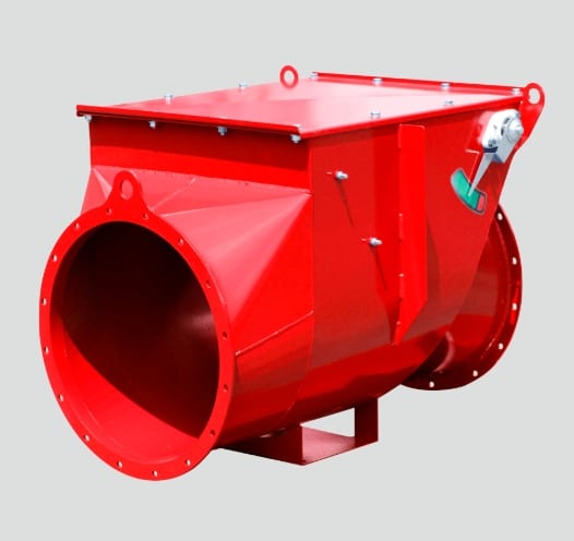 Heavy-duty red Vigiflap explosion isolation valve used to prevent flame propagation in industrial ductwork