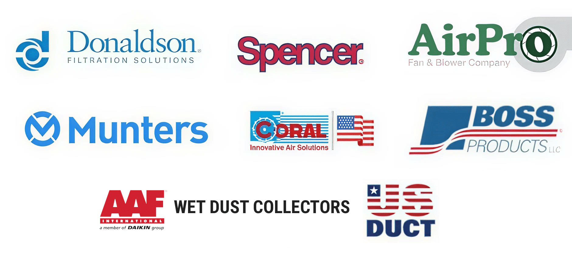 Brands represented by Process Environments, including Donaldson, Spencer, AirPro, Munters, Coral, Boss Products, AAF International and US Duct